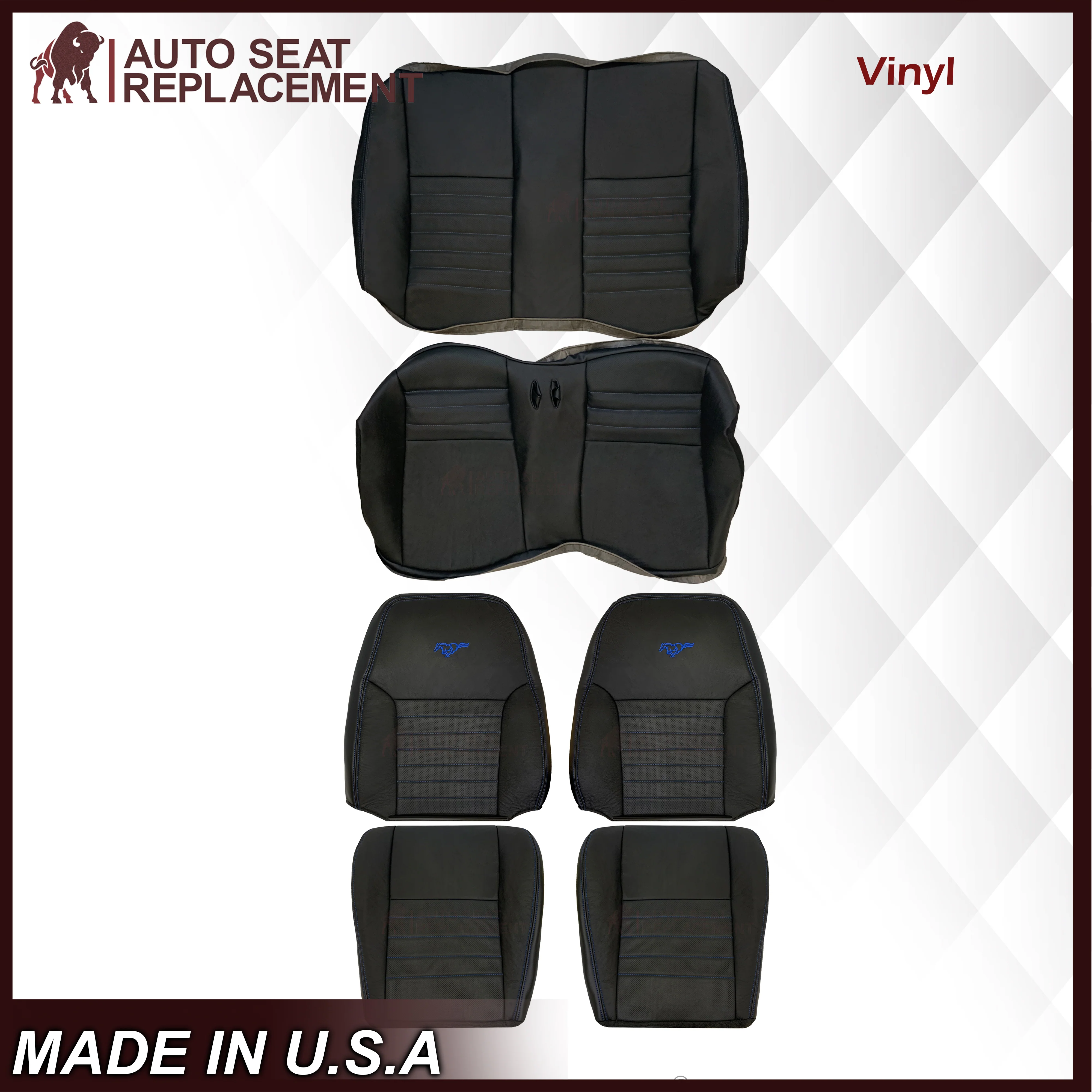 1999-2004 Ford Mustang GT Convertible Custom Blue Stitching Front & Second Row Seat Covers in Dark Charcoal Black: Choose From Variation - Image 14