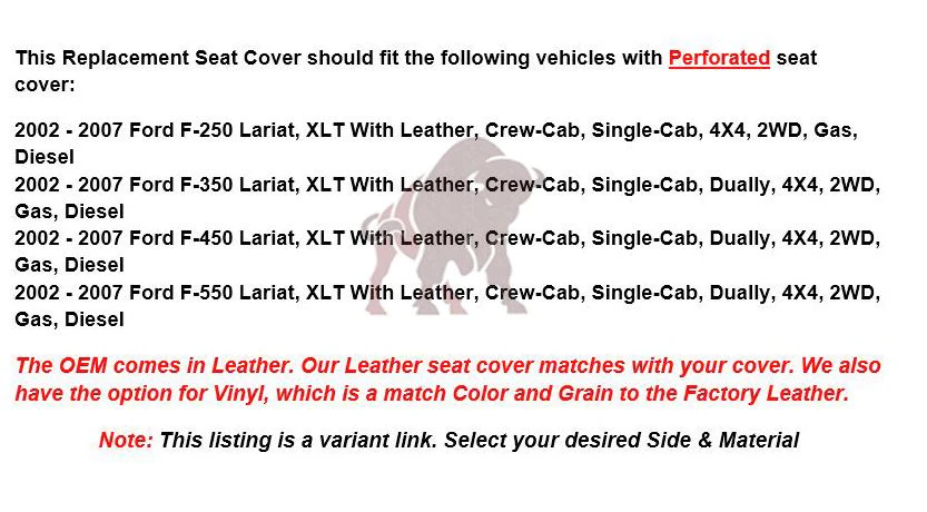 2002-2007 Ford F-250/F-350 Lariat Seat Cover in Black with Perforated Inserts: Choose From Variants - Image 3
